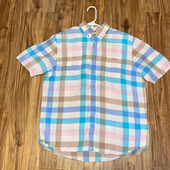 Johnnie O men’s shirt large hangin out short sleeve button down linen gingham - Picture 1 of 8